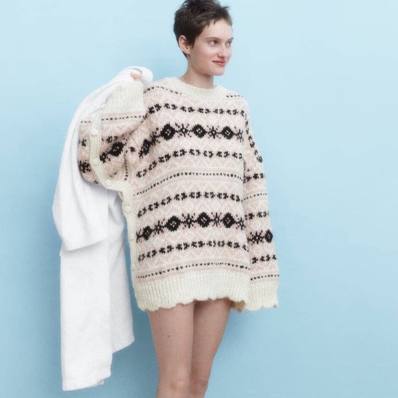 Zara Jacquard Knit Sweater With Side Vents Pink Cream - Picture 2 of 6